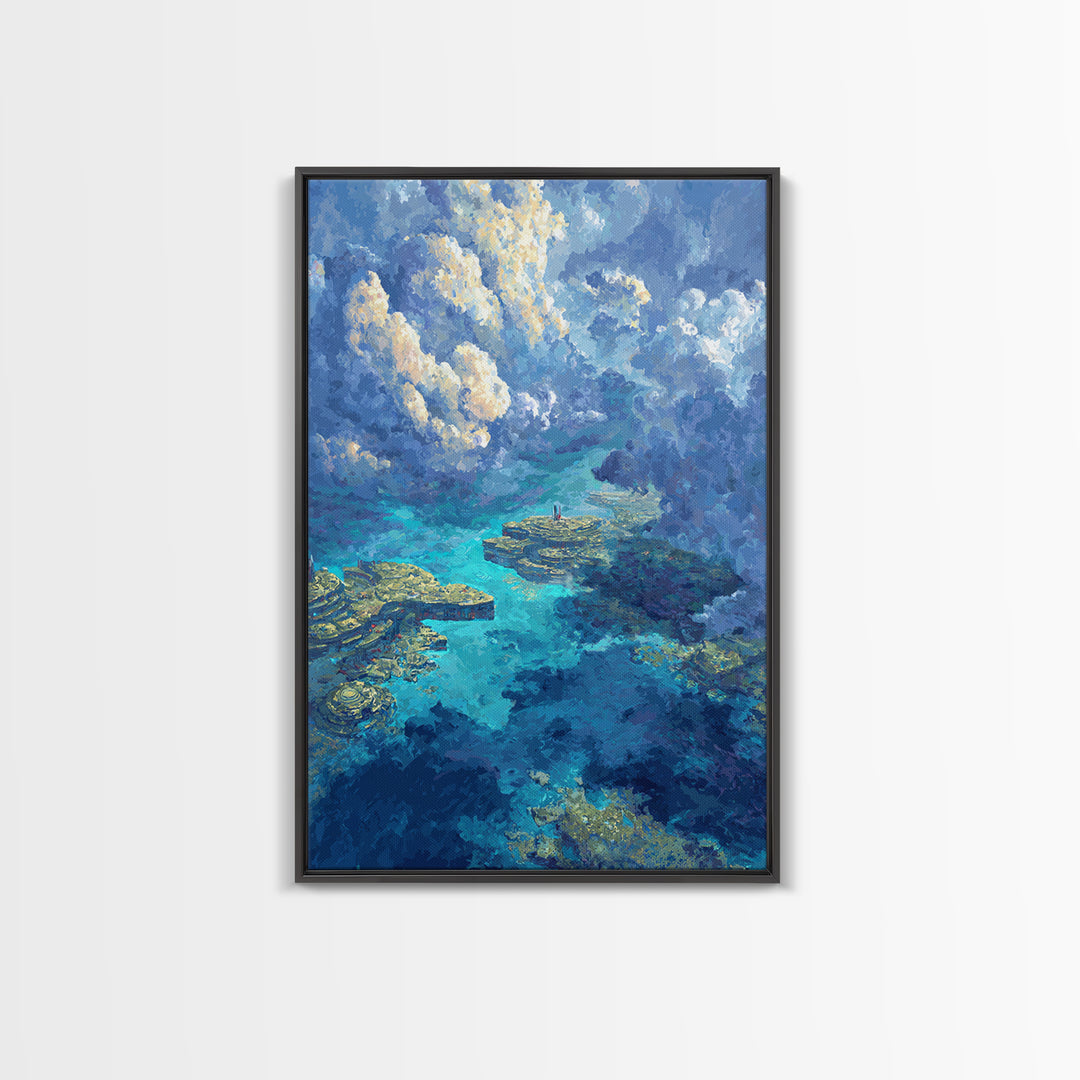 Dreamy Turquoise Ocean And Cloudscape Wall Art, Blue Nature Scene Art, Coastal Fantasy Landscape, Modern Canvas Decor Gift