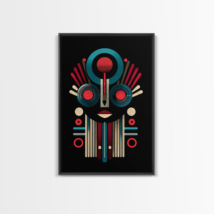 Geometric Tribal Mask In Red And Teal Canvas Print, African Mask Art, Abstract African Art, Afrocentric Wall Home Decor Gift