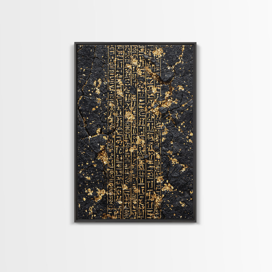 Gold Egyptian Hieroglyphs On Cracked Stone Wall Art, Ancient African Art, Black And Gold Art, Mystical Cultural Decor Gift