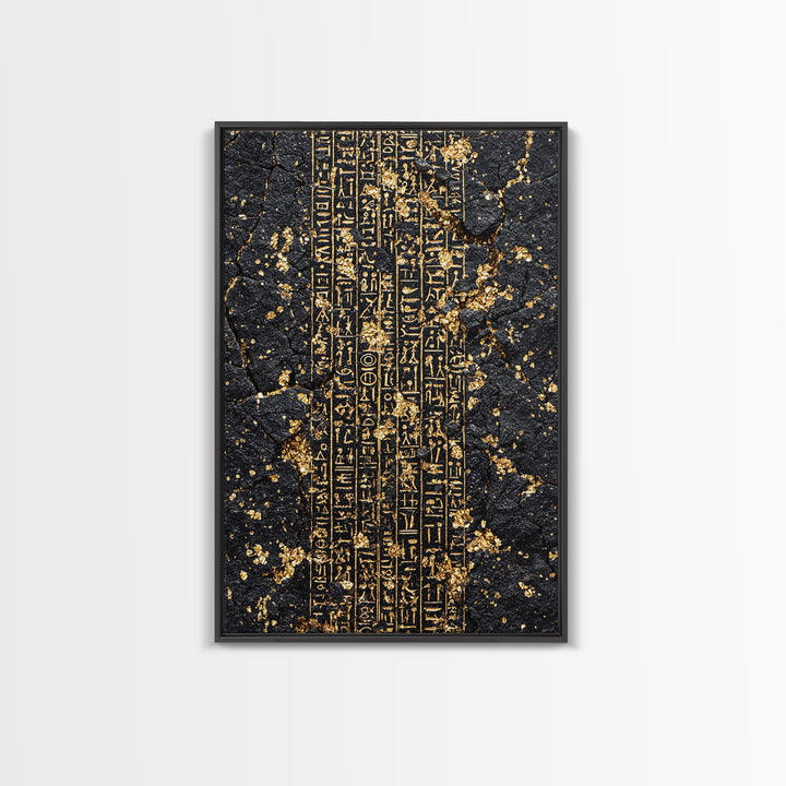 Gold Egyptian Hieroglyphs On Cracked Stone Wall Art, Ancient African Art, Black And Gold Art, Mystical Cultural Decor Gift