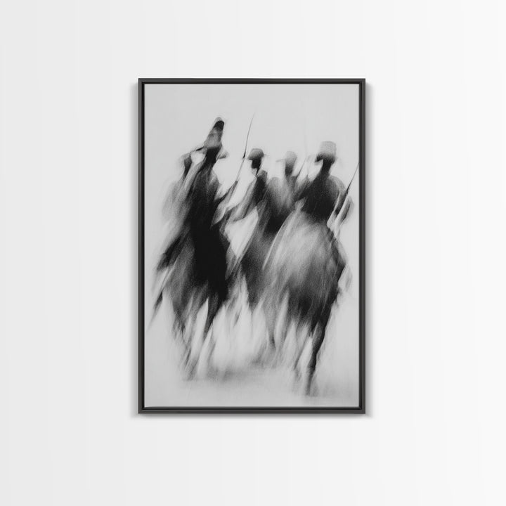 Blurred African Warriors Framed Canvas Print, Tribal Horsemen Wall Decor, Black And White Safari Art, Cultural Home Gift