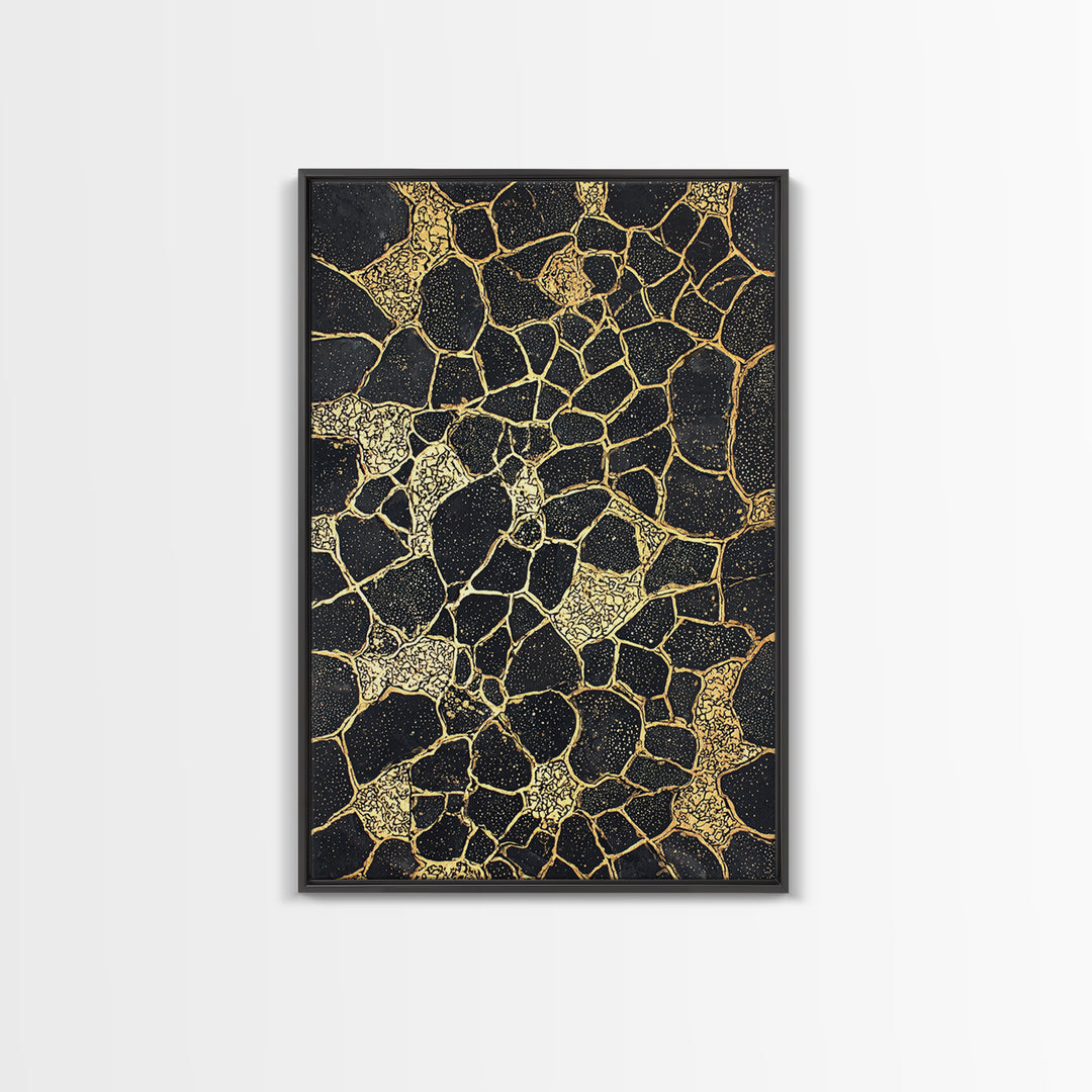 Black Gold Abstract Wall Art, Kintsugi Inspired Pattern Canvas, Luxury Modern Decor, Geometric Texture Print, Stylish Home Gift