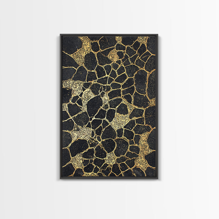 Black Gold Abstract Wall Art, Kintsugi Inspired Pattern Canvas, Luxury Modern Decor, Geometric Texture Print, Stylish Home Gift