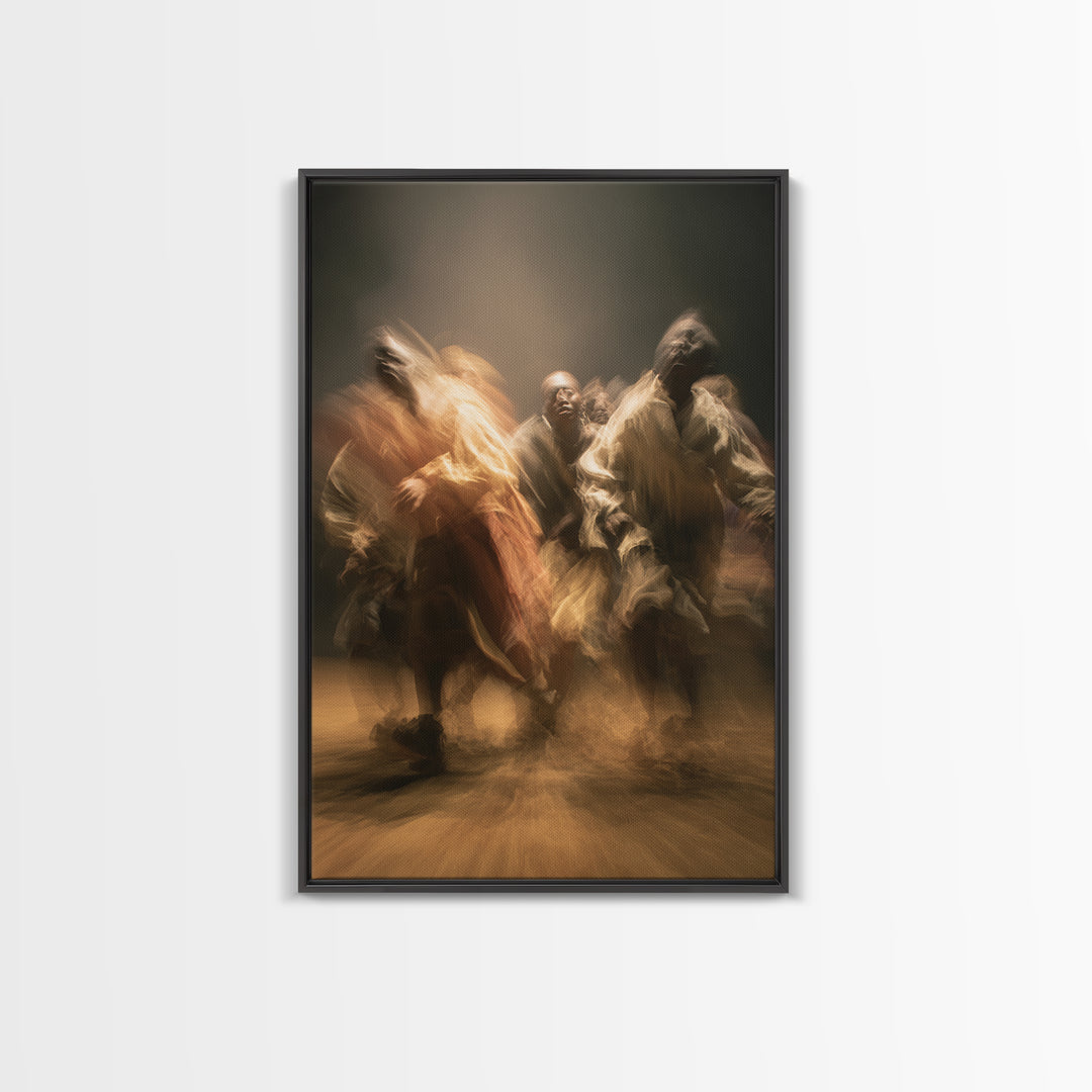 Golden African Dancers Framed Canvas Print, Expressive Motion Painting, Afrocentric Cultural Wall Decor, Dramatic Home Gift