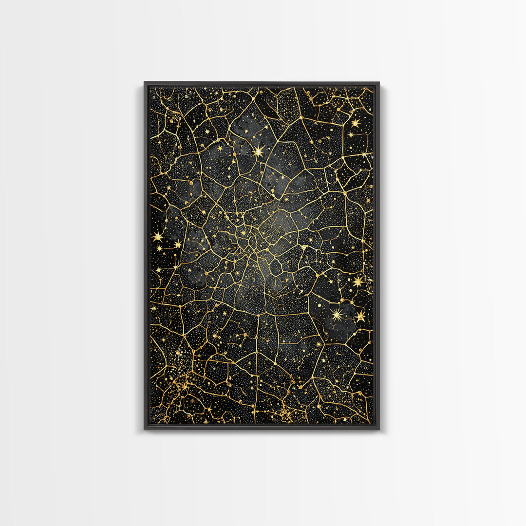 Black And Gold Celestial Crackle Pattern, Abstract Wall Art, Luxury Canvas Print, Geometric Home Decor, Starry Art, Modern Black Decor