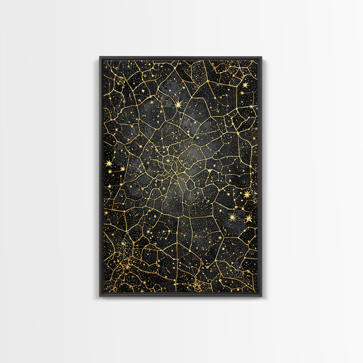 Black And Gold Celestial Crackle Pattern, Abstract Wall Art, Luxury Canvas Print, Geometric Home Decor, Starry Art, Modern Black Decor