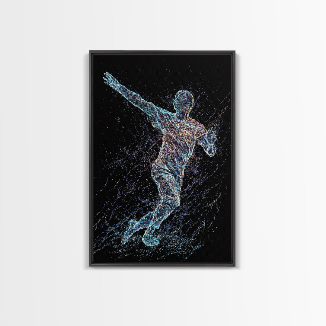 Glowing Soccer Player In Motion, Black Wall Art, Modern Canvas Print, Athletic Sports Decor, Futuristic Digital Art Gift