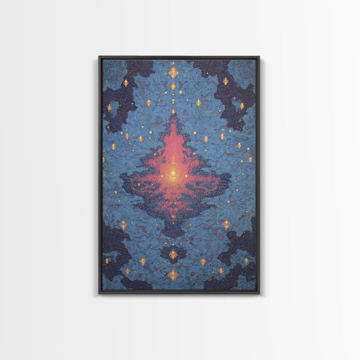 Blue Pink Glowing Mandala Reflection, Abstract Wall Art, Modern Canvas Print, Spiritual Meditation Room Decor, Colorful Gift