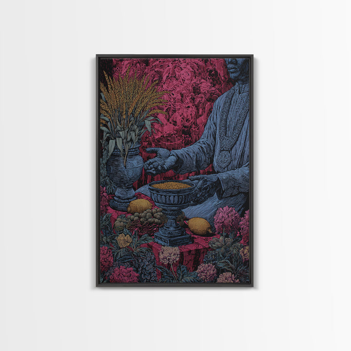 Floral Ritual Still Life With Reaching Hand, Cultural Wall Art, Framed Canvas Print, Afrocentric Ceremony Home Decor Gift