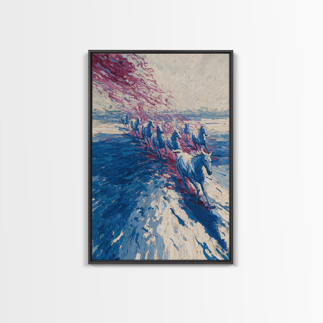 Blue Horses Running On Beach Wall Art, Abstract Coastal Canvas, Wild Horse Painting, Modern Living Room Decor Statement Gift