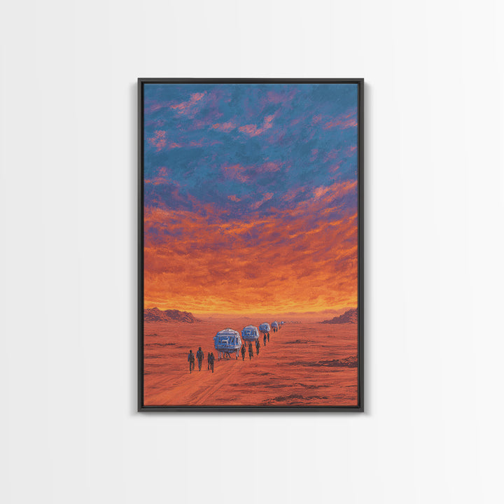 Futuristic Desert Convoy At Sunset Wall Art, Orange Sci Fi Landscape, Mars Travel Poster, Modern Canvas Statement Decor Gift
