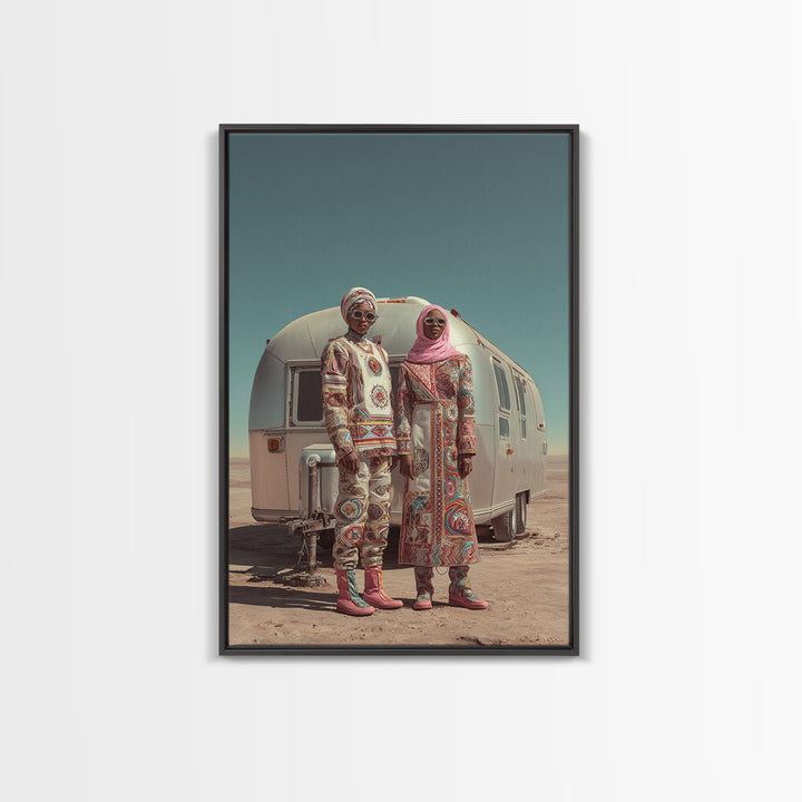 Afrofuturist Desert Couple Framed Canvas Print, African Fashion Portrait, Unique Camper Travel Wall Decor, Black Art Gift