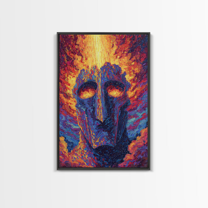 Fiery African Mask Canvas Print, Abstract Tribal Face Painting, Afrocentric Wall Decor, Modern Colorful African Art Gift