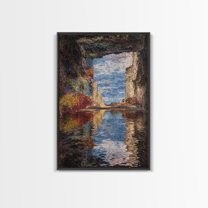 Ocean Cave Reflection Wall Art, Impressionist Seascape Painting, Coastal Landscape Canvas, Nature Scene Living Room Decor