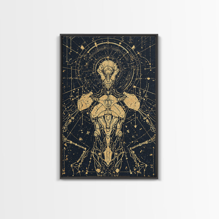 Gold Celestial Cyborg Blueprint Canvas Print, Afrofuturism Wall Decor, Sacred Geometry Robot Art, Modern Black And Gold Decor