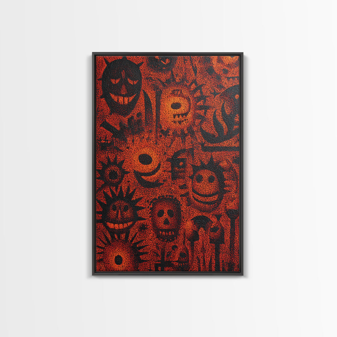 Orange African Mask Pattern Canvas Print, Tribal Symbols Abstract Wall Decor, Afrocentric Art, Cultural Home Decor Gift Idea