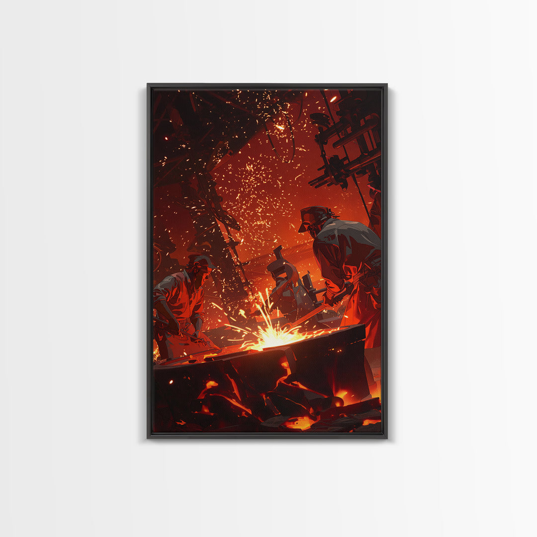 Two Foundry Workers Amid Sparks Framed Canvas Print, Fiery Industrial Wall Art, African Inspired Workshop Decor For Him Gift