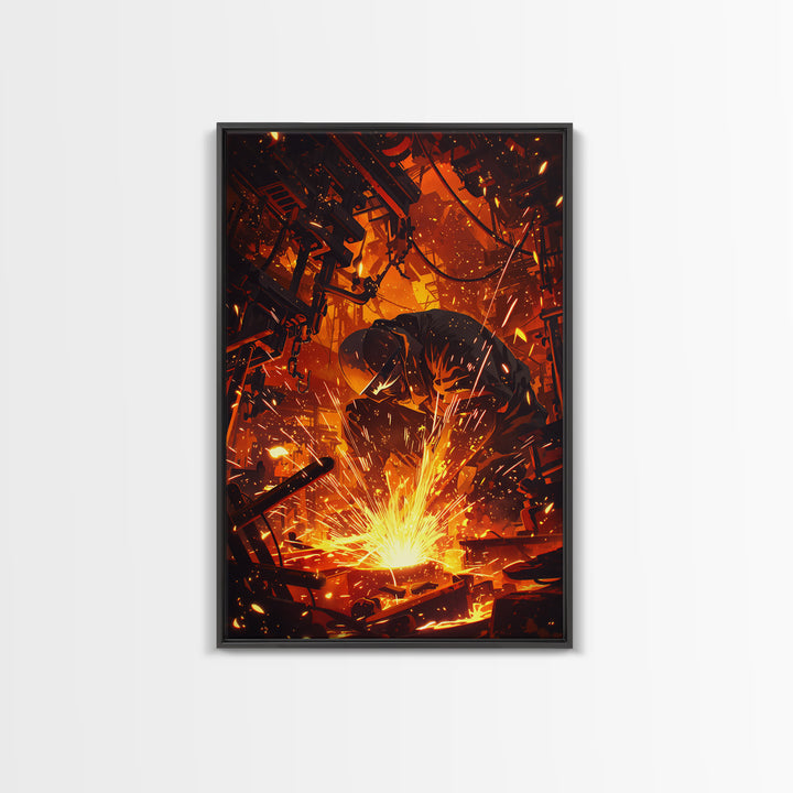 Crouching Welder In Fiery Workshop Canvas Print, Industrial Black Art, Orange Sparks Wall Decor, Unique Home Decor Gift Idea
