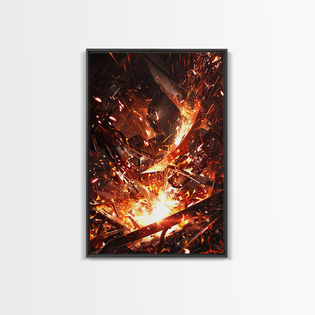 Close Up Welding Sparks And Metal Framed Canvas Print, Dark Industrial Wall Art, Blacksmith Workshop Home Decor Gift For Him