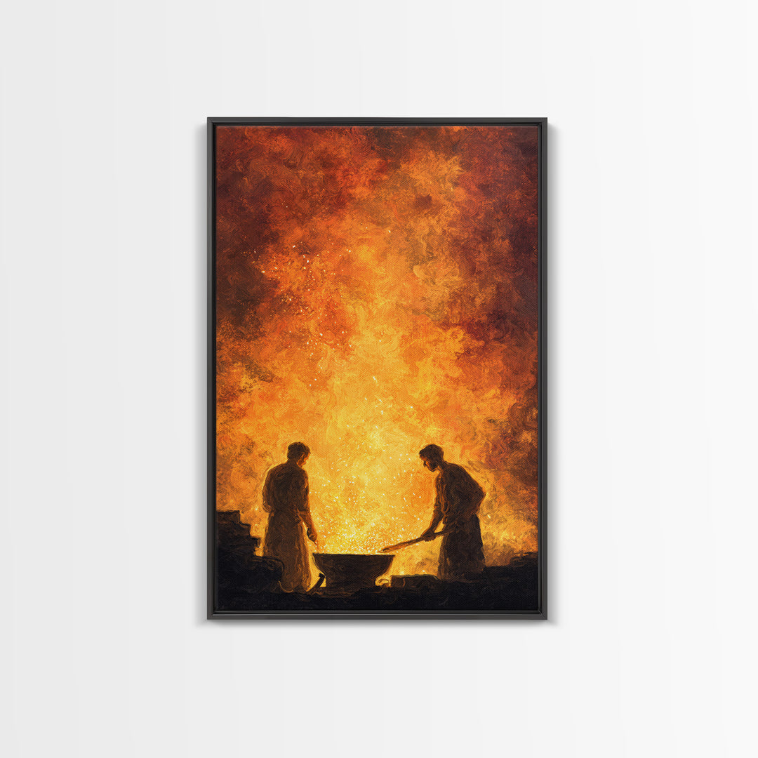 Two Blacksmiths Tending Glowing Forge Wall Art, Fiery African Inspired Painting, Rustic Workshop Home Decor Gift For Him