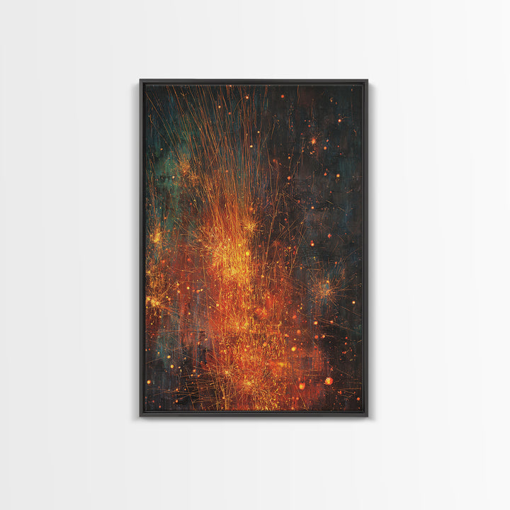 Abstract Fire Sparks Texture Canvas Print, Orange Black Industrial Wall Art, Modern Abstract Art, Unique Home Decor Gift