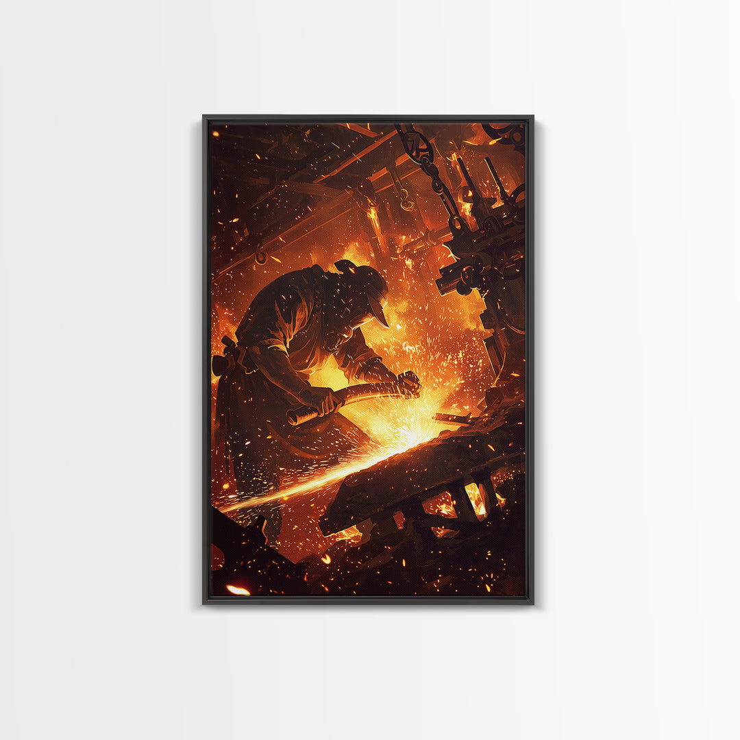 Blacksmith Hammering Hot Steel Framed Canvas Print, Fiery Industrial Wall Art, African Inspired Workshop Decor Gift For Him