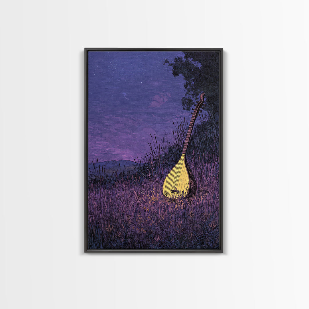 Glowing Kora In Purple Grass Wall Art, African Music Night Scene, Afrocentric Decor, Dreamy Cultural Canvas Print, Gift For Music Lovers