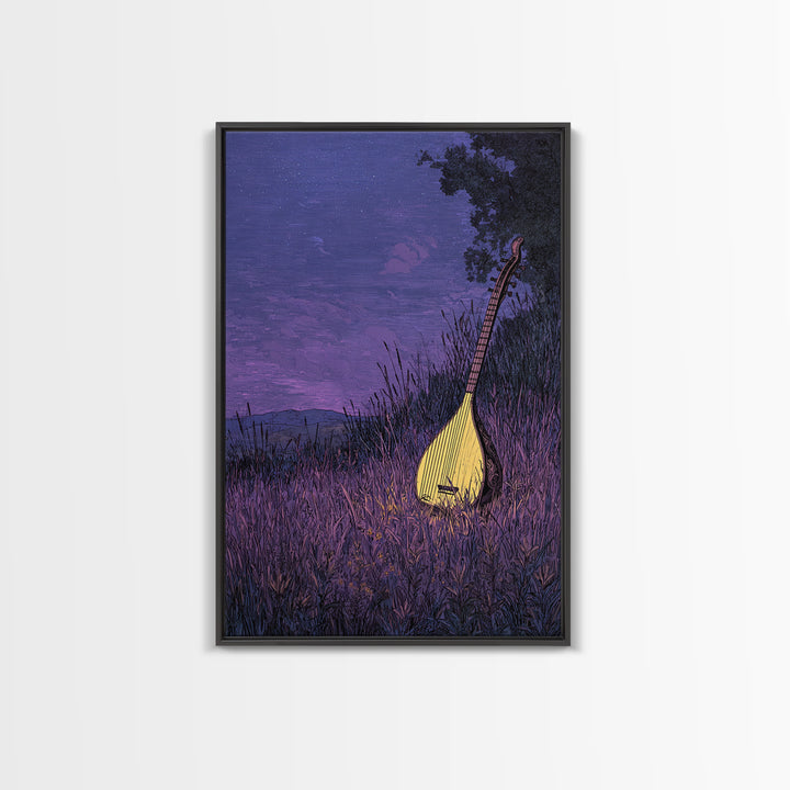 Glowing Kora In Purple Grass Wall Art, African Music Night Scene, Afrocentric Decor, Dreamy Cultural Canvas Print, Gift For Music Lovers