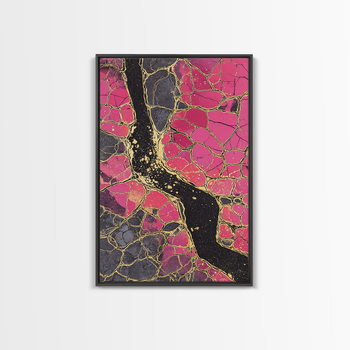 Pink Gold Kintsugi Abstract Wall Art, Cracked Stone Texture Painting, Modern Geometric Decor, Bold Contemporary Canvas Print