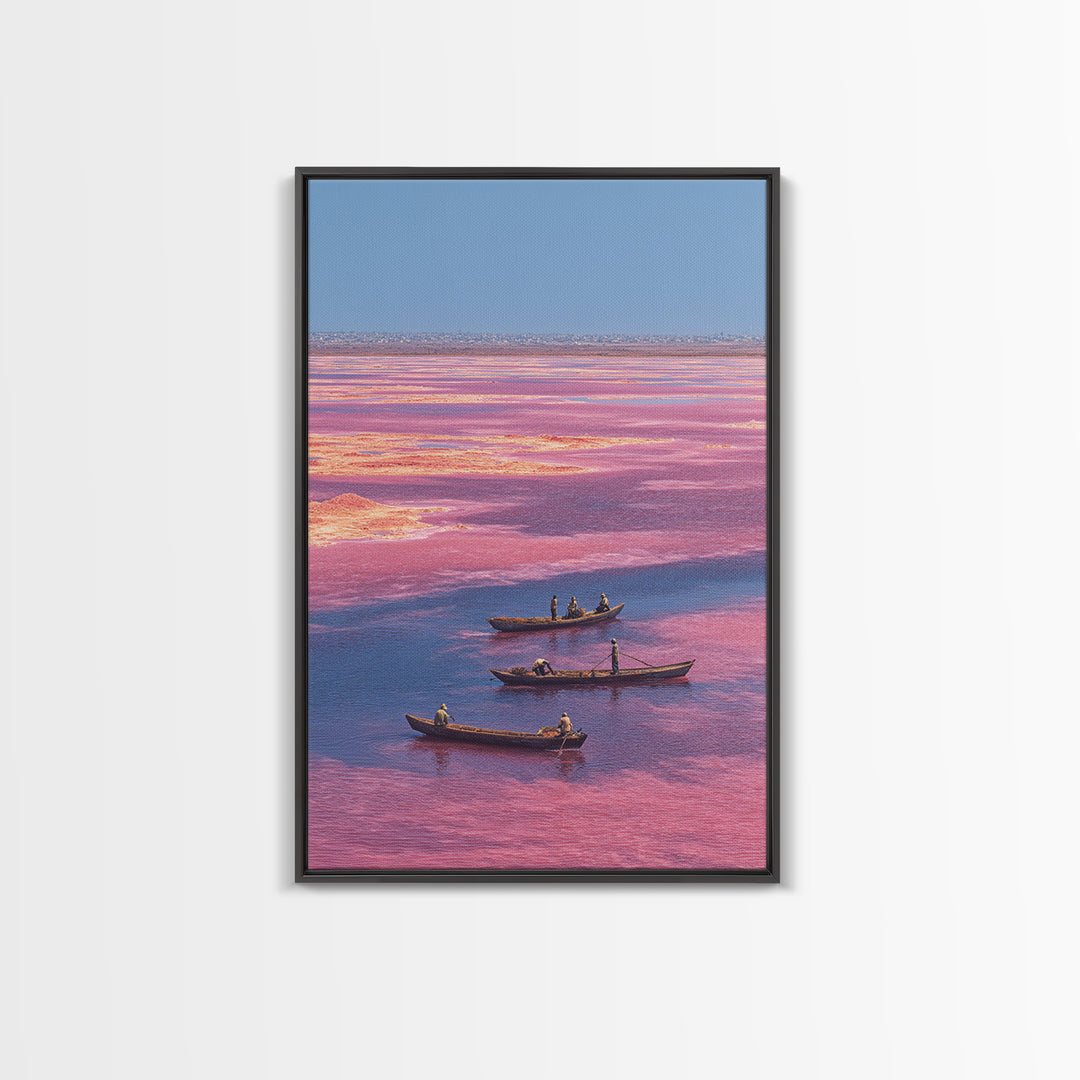 Pink Lake Boats African Landscape Wall Art, Senegal Salt Flats Canvas Print, Travel Decor, Serene Coastal Unique Artwork Gift