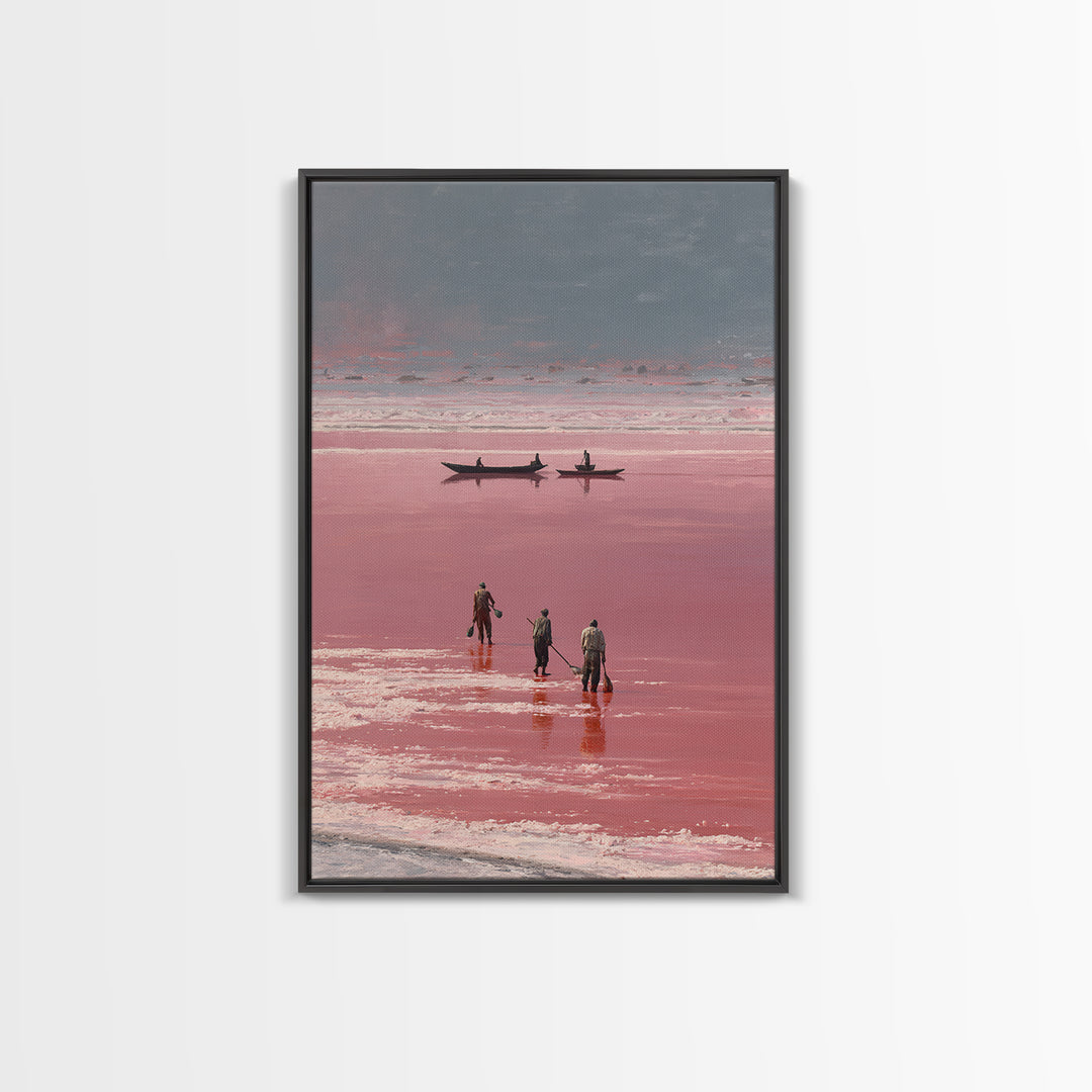 Rose Salt Lake Workers Canvas Print, African Landscape Wall Art, Pink Water Boats, Travel Poster, Serene Home Decor Gift