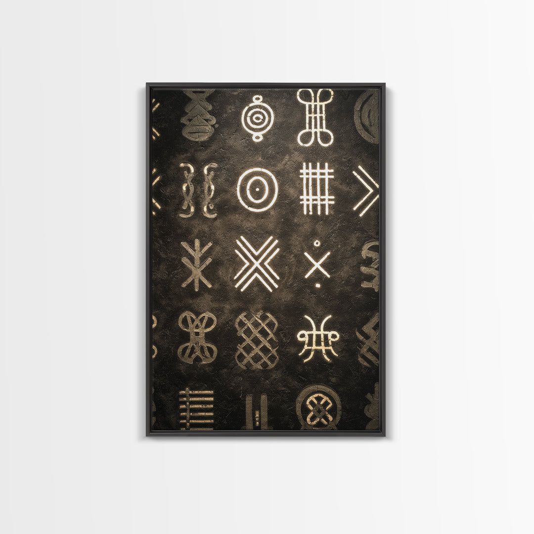 African Tribal Symbols Wall Art, Black And Gold Pattern Canvas Print, Mud Cloth Inspired Decor, Cultural Geometric Poster