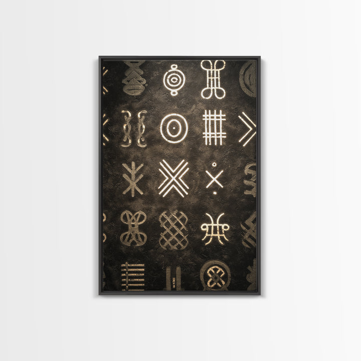 African Tribal Symbols Wall Art, Black And Gold Pattern Canvas Print, Mud Cloth Inspired Decor, Cultural Geometric Poster