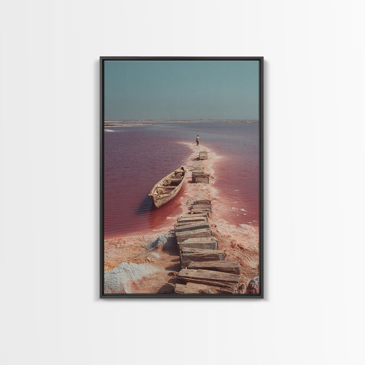 Wooden Path Through Pink Salt Lake Wall Art, African Landscape Canvas Print, Boat Travel Decor, Minimalist Coastal Art Gift