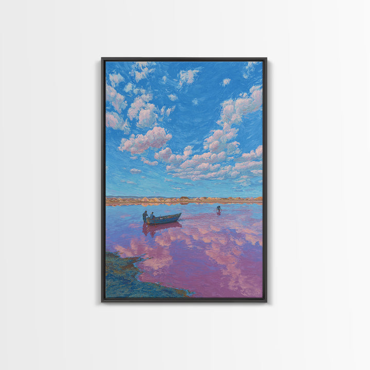 Blue Sky Pink Lake Canvas Print, African Landscape Wall Art, Boat Scene Travel Poster, Dreamy Nature Decor For Living Room