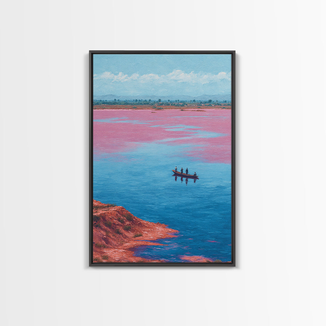 Pink Salt Lake Fishermen Boat Wall Art, African Landscape Canvas Decor, Afrocentric Travel Print, Vibrant Living Room Artwork
