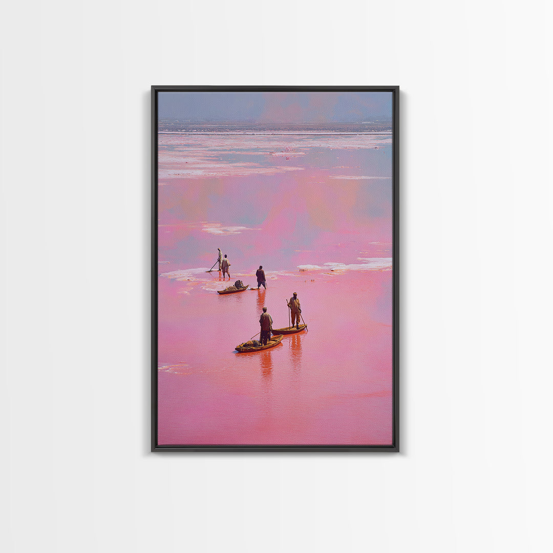 Rose Pink Salt Flats Canoes Canvas Print, African Fishermen Wall Decor, Pastel Safari Art Poster, Unique Home Decor Gift