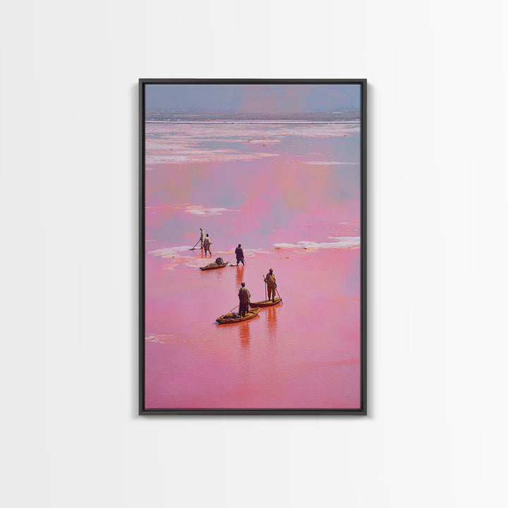 Rose Pink Salt Flats Canoes Canvas Print, African Fishermen Wall Decor, Pastel Safari Art Poster, Unique Home Decor Gift
