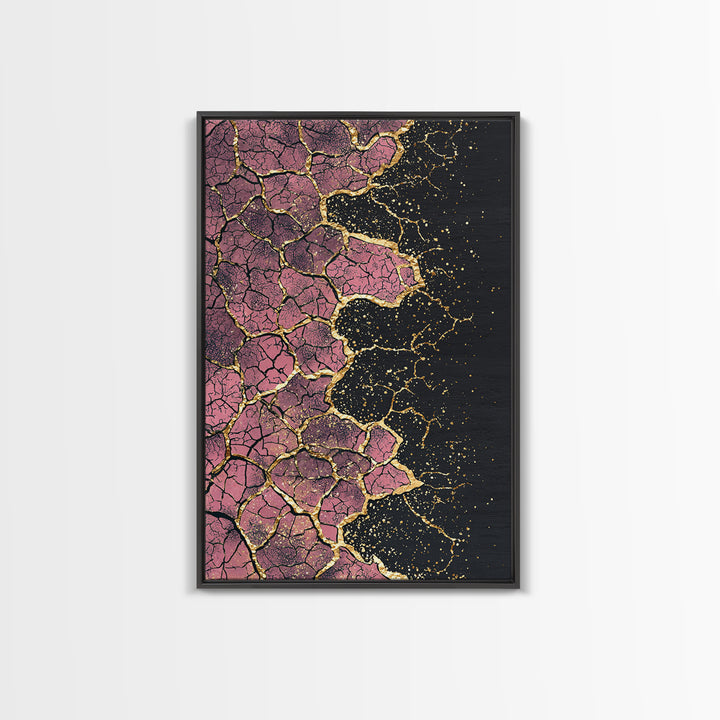 Cracked Pink Black Gold Abstract Wall Art, African Inspired Geometric Texture Print, Luxury Canvas Decor For Modern Home