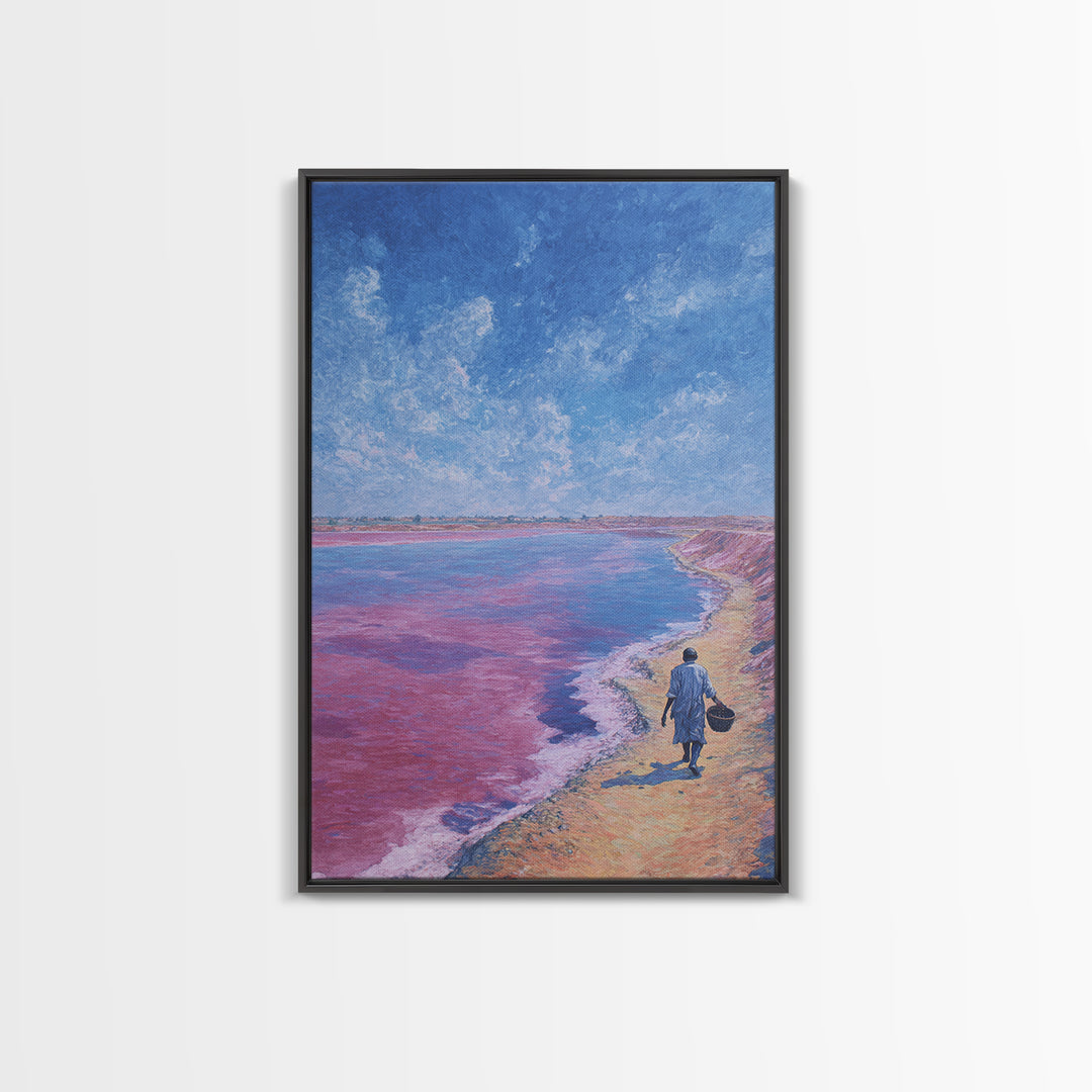 Lone Walker On Pink Shore Framed Canvas Print, African Landscape Wall Decor, Dreamy Lake Painting, Unique Travel Art Gift