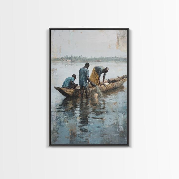 Fishermen Washing Nets By Canoe Wall Art, African Painting Canvas Decor, Cultural River Scene, Rustic Living Room Home Decor Gift