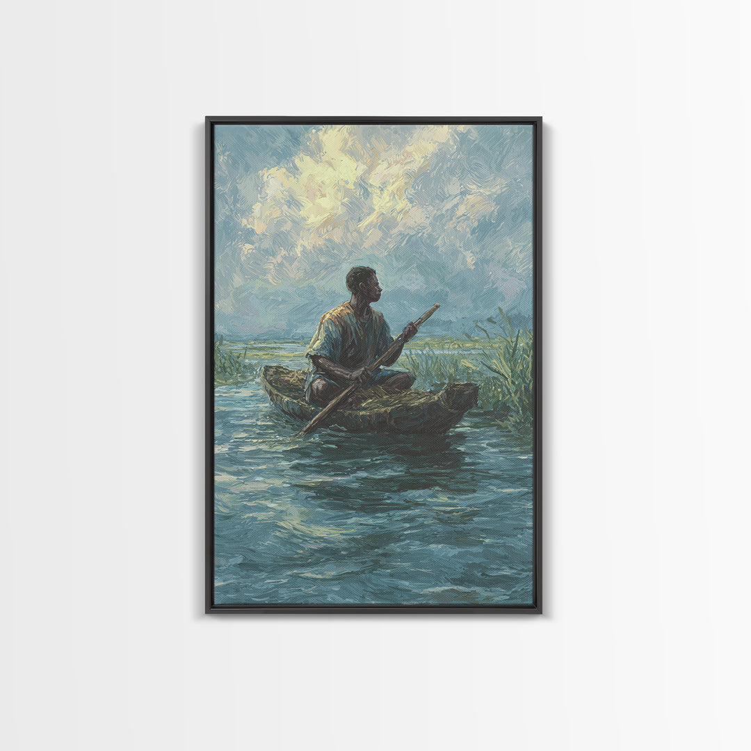 Solitary Canoe Fisherman Under Clouds Wall Art, African Landscape Print, Blue Green Nature Scene, Peaceful Canvas Home Decor