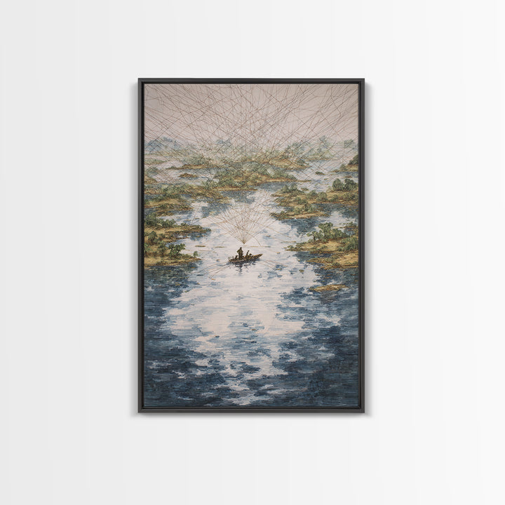 River Delta Boat And Map Lines Framed Canvas Print, African Landscape Wall Decor, Geometric Travel Art, Statement Home Decor