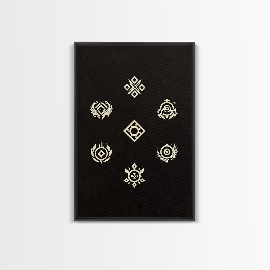 Cream Tribal Symbols On Black Canvas Print, African Abstract Wall Art Decor, Geometric Pattern Poster, Spiritual Home Decor