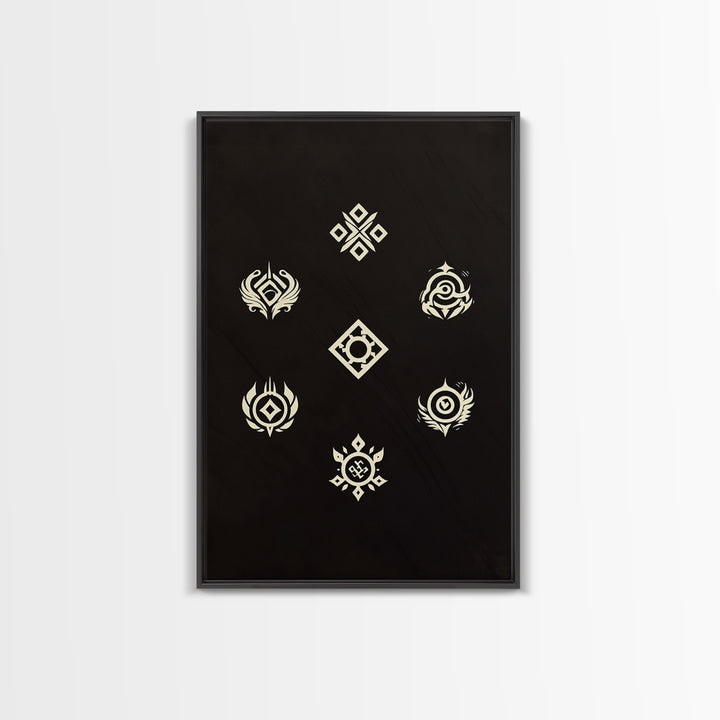 Cream Tribal Symbols On Black Canvas Print, African Abstract Wall Art Decor, Geometric Pattern Poster, Spiritual Home Decor