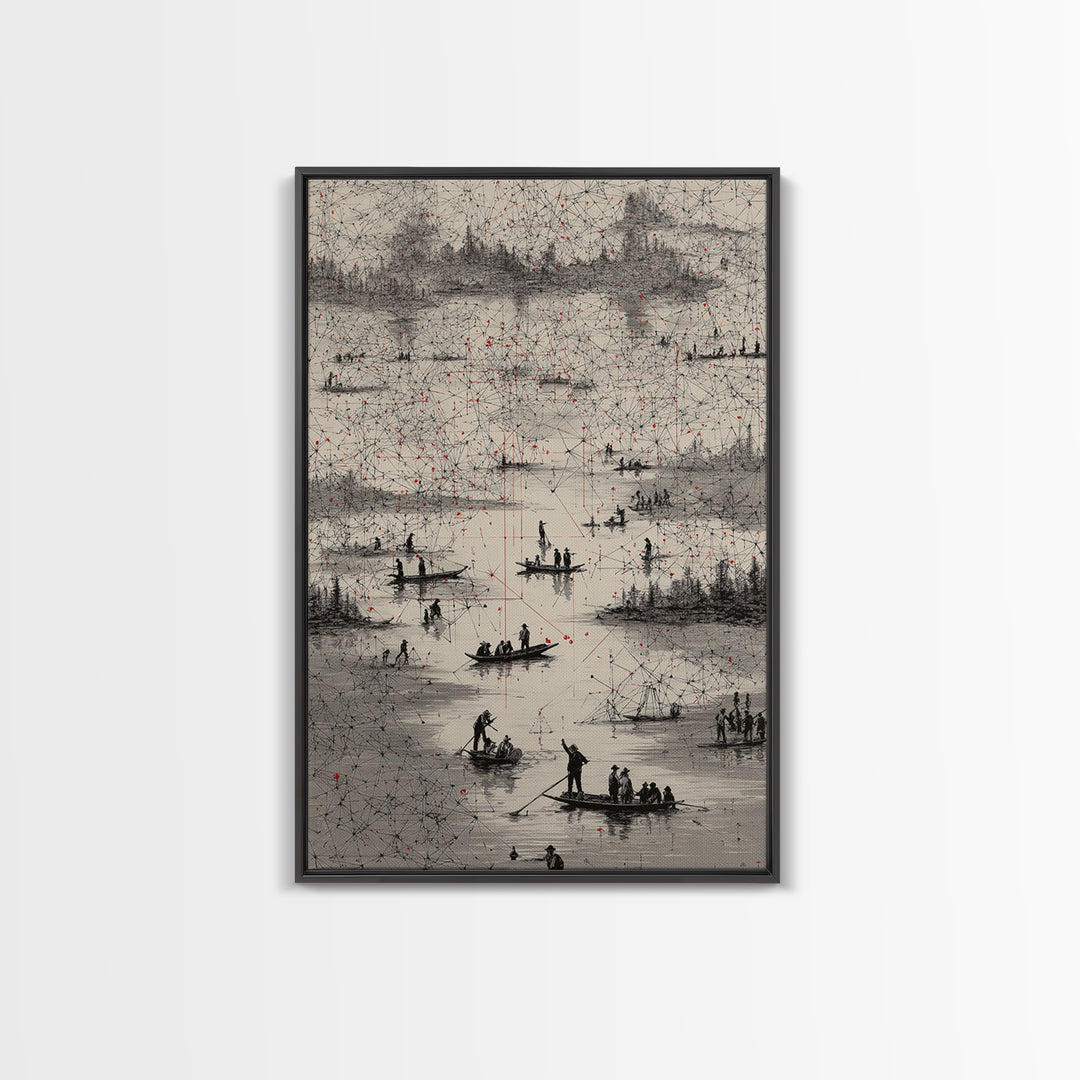 Monochrome River Boats With Red Lines Wall Art, African Landscape Print, Abstract Map Network, Cultural Gallery Home Decor