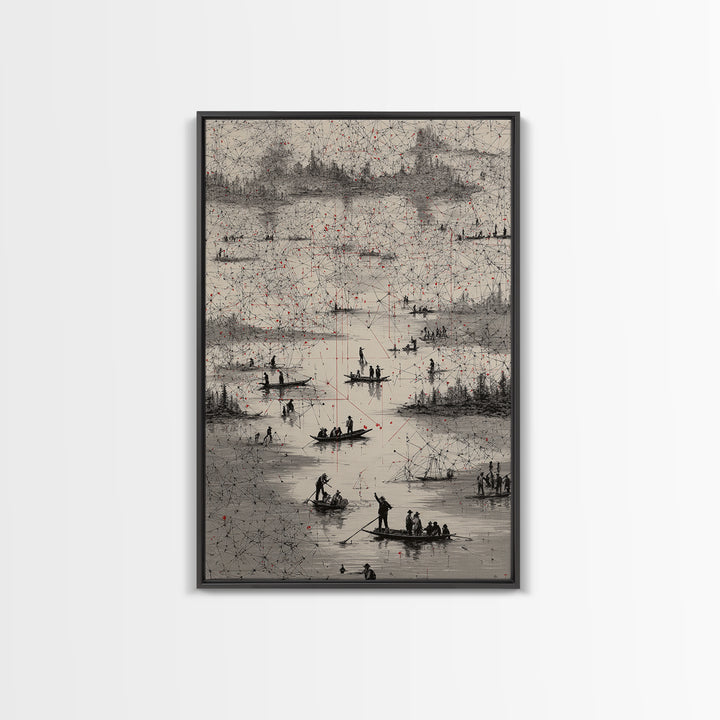 Monochrome River Boats With Red Lines Wall Art, African Landscape Print, Abstract Map Network, Cultural Gallery Home Decor