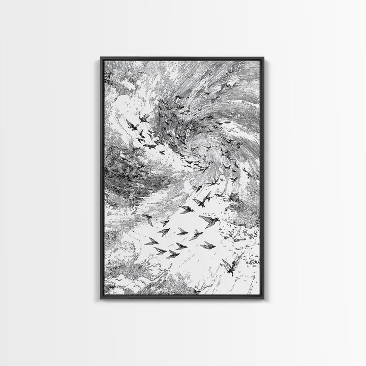 Black And White Bird Flock Storm Wall Art, Abstract African Inspired Nature Sketch, Minimalist Canvas Decor, Modern Office Gift