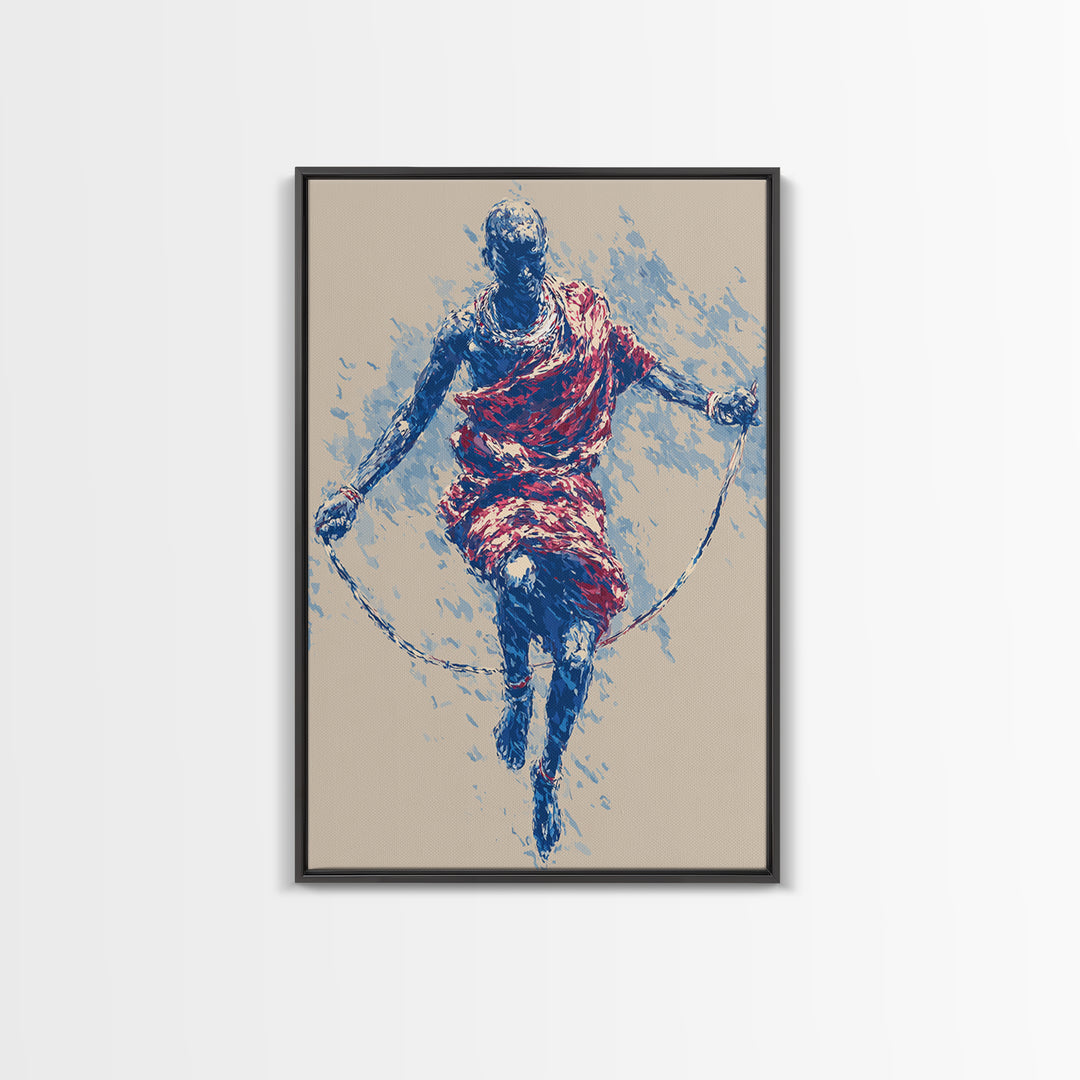 Maasai Warrior Jump Rope Dance Wall Art, African Tribal Art Print, Red Blue Athletic Portrait, Cultural Home Decor Gift For Him