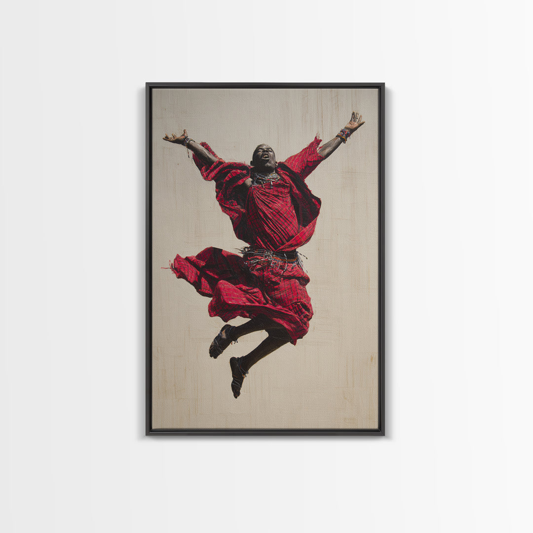 Joyful Maasai Dancer Leaping In Red Framed Canvas Print, African Warrior Art, Cultural Portrait, Bold Living Room Decor Gift
